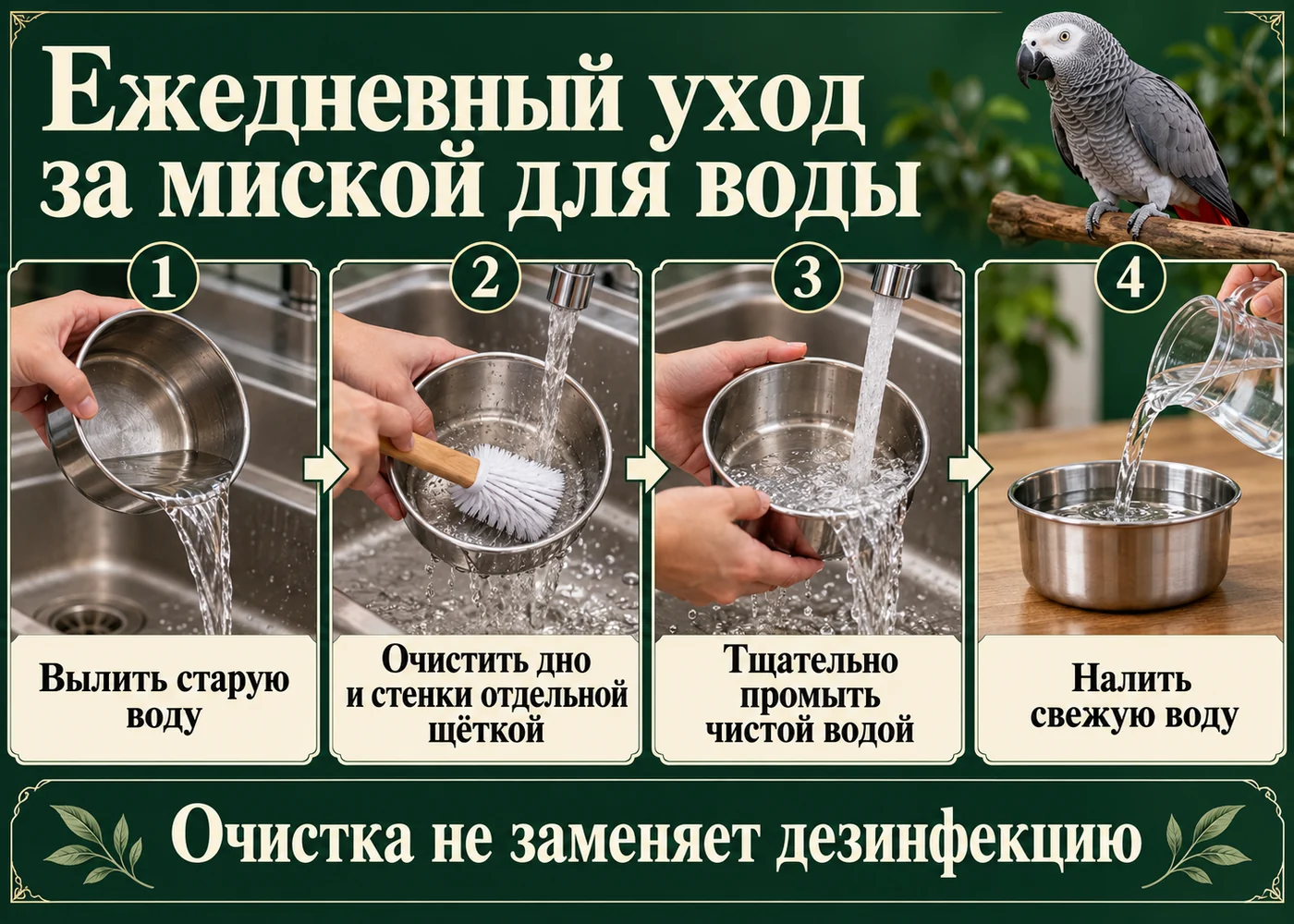 Ежедневный уход за поилкой: вылить старую воду, очистить щёткой, промыть, налить свежую