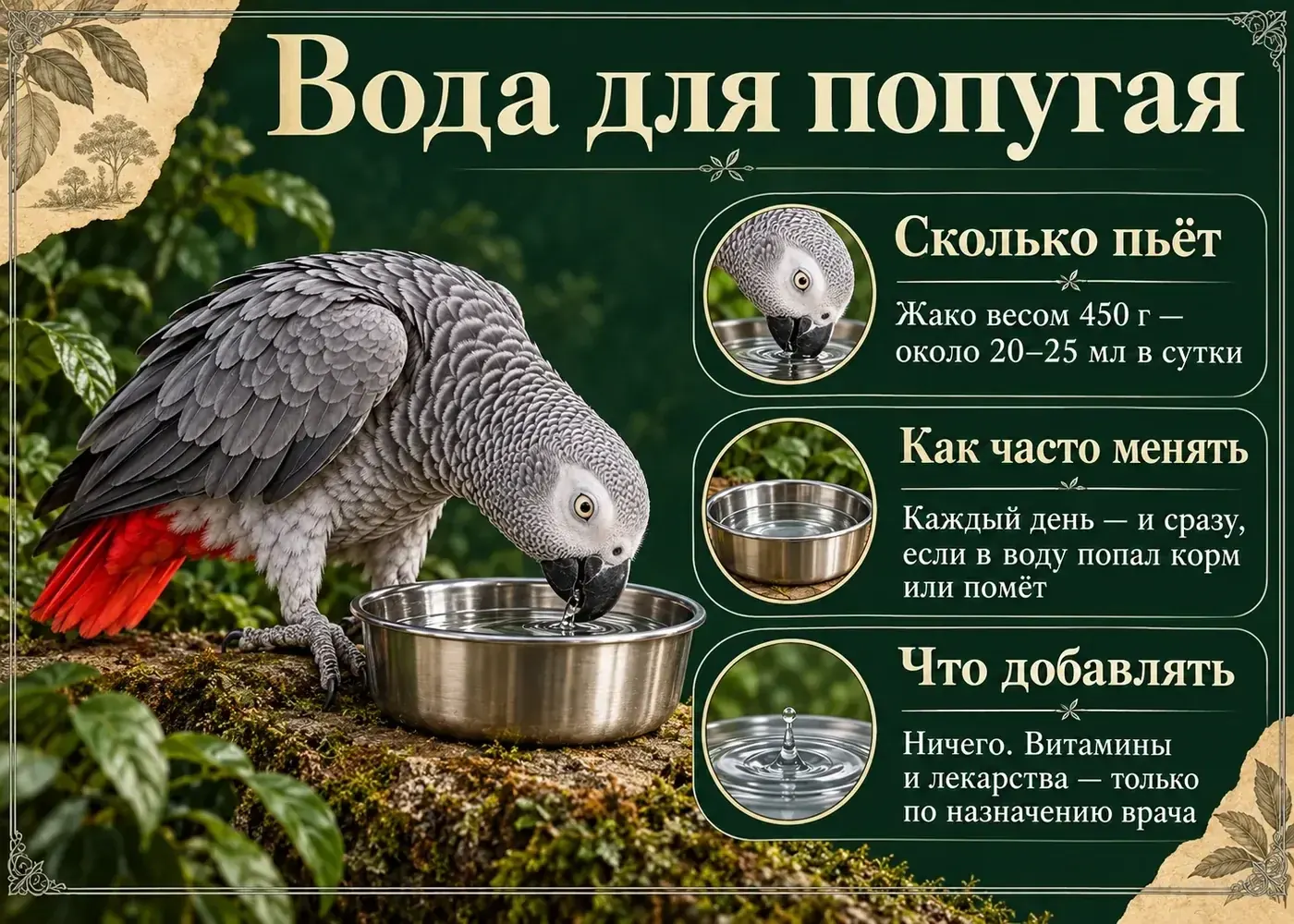 Вода для попугая: сколько пьёт, как часто менять и что можно добавлять