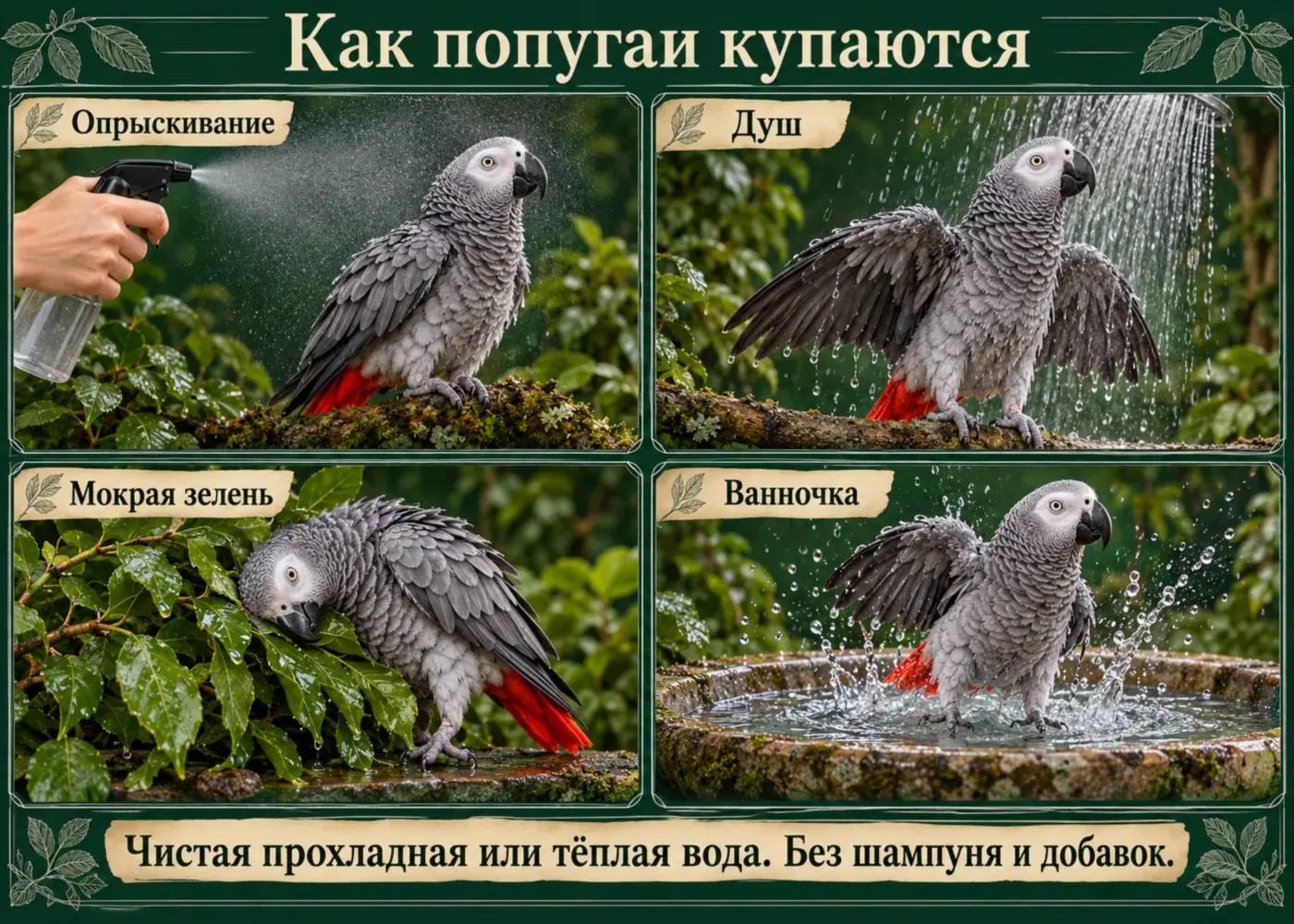 Как попугаи купаются: опрыскивание, душ, мокрая зелень, мелкая ванночка
