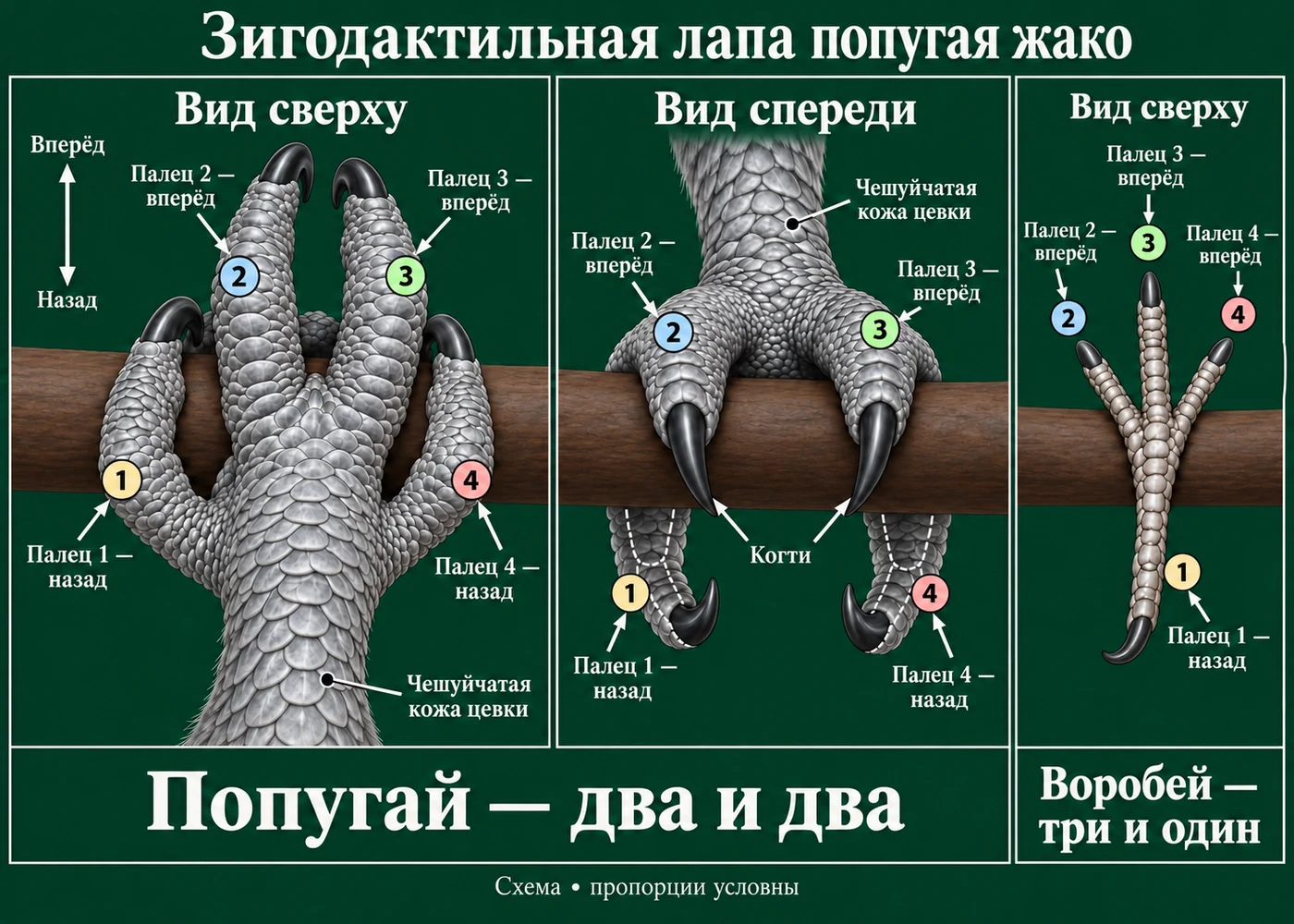 Зигодактильная лапа попугая жако