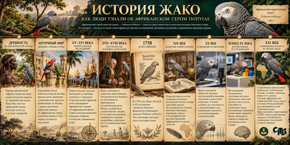 История жако: от африканских лесов до научных исследований, таймлайн по эпохам